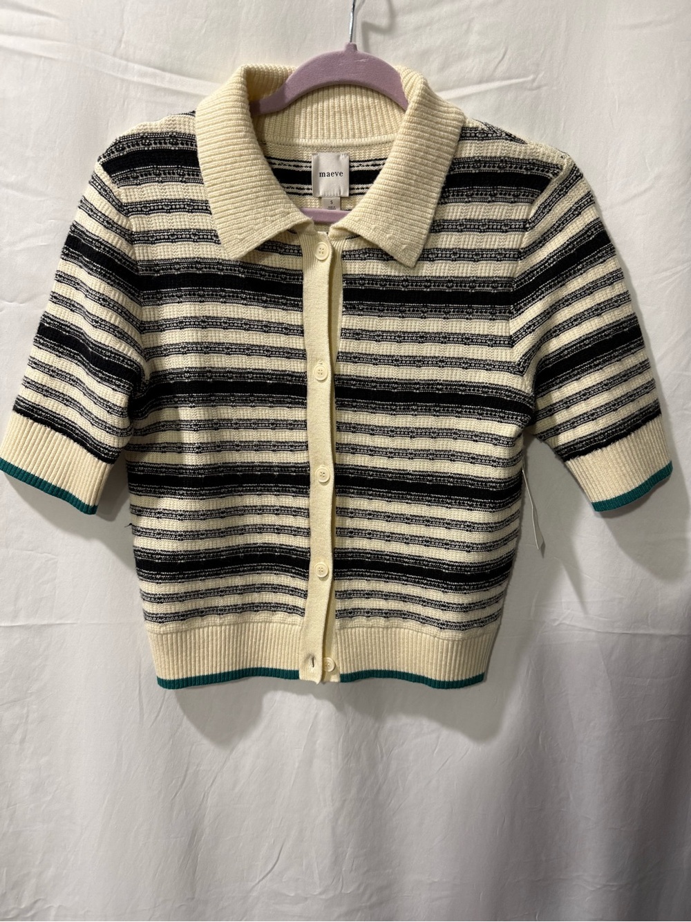 Maeve Cream, Black & Teal Trim Striped Short-Sleeve Cardigan